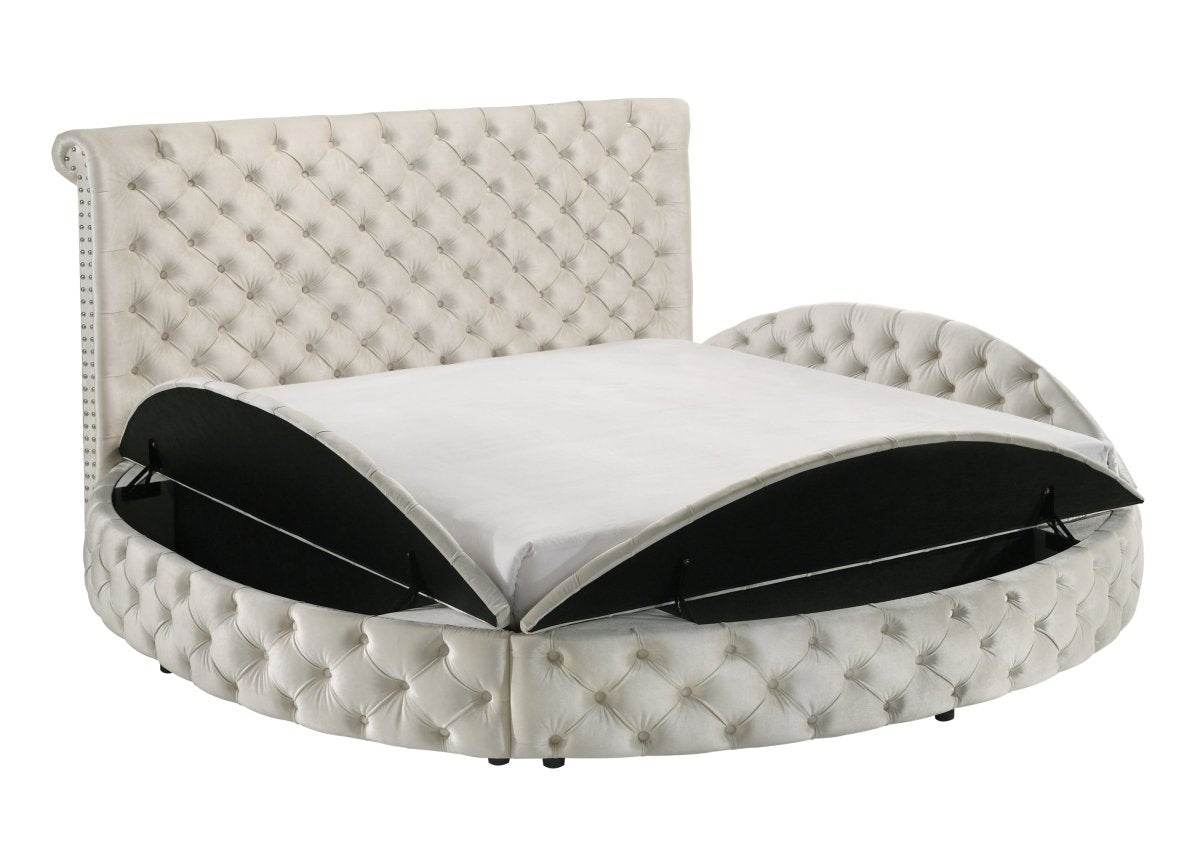 Ivory Velvet Round Button-Tufted Storage Bed Set - Sleep Galleria