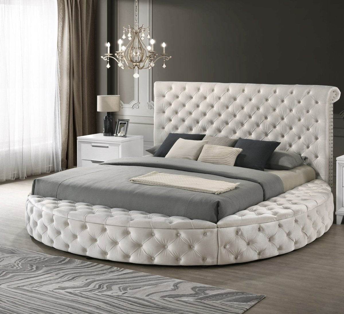 Ivory Velvet Round Button-Tufted Storage Bed Set - Sleep Galleria