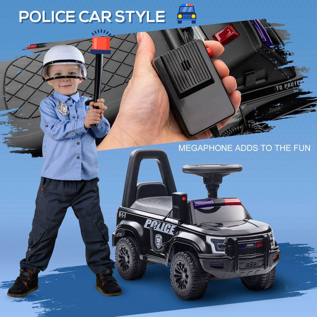 Kids Sliding Police Ride - On Car With PA System and Storage - Serenova - Omega Lifestyles