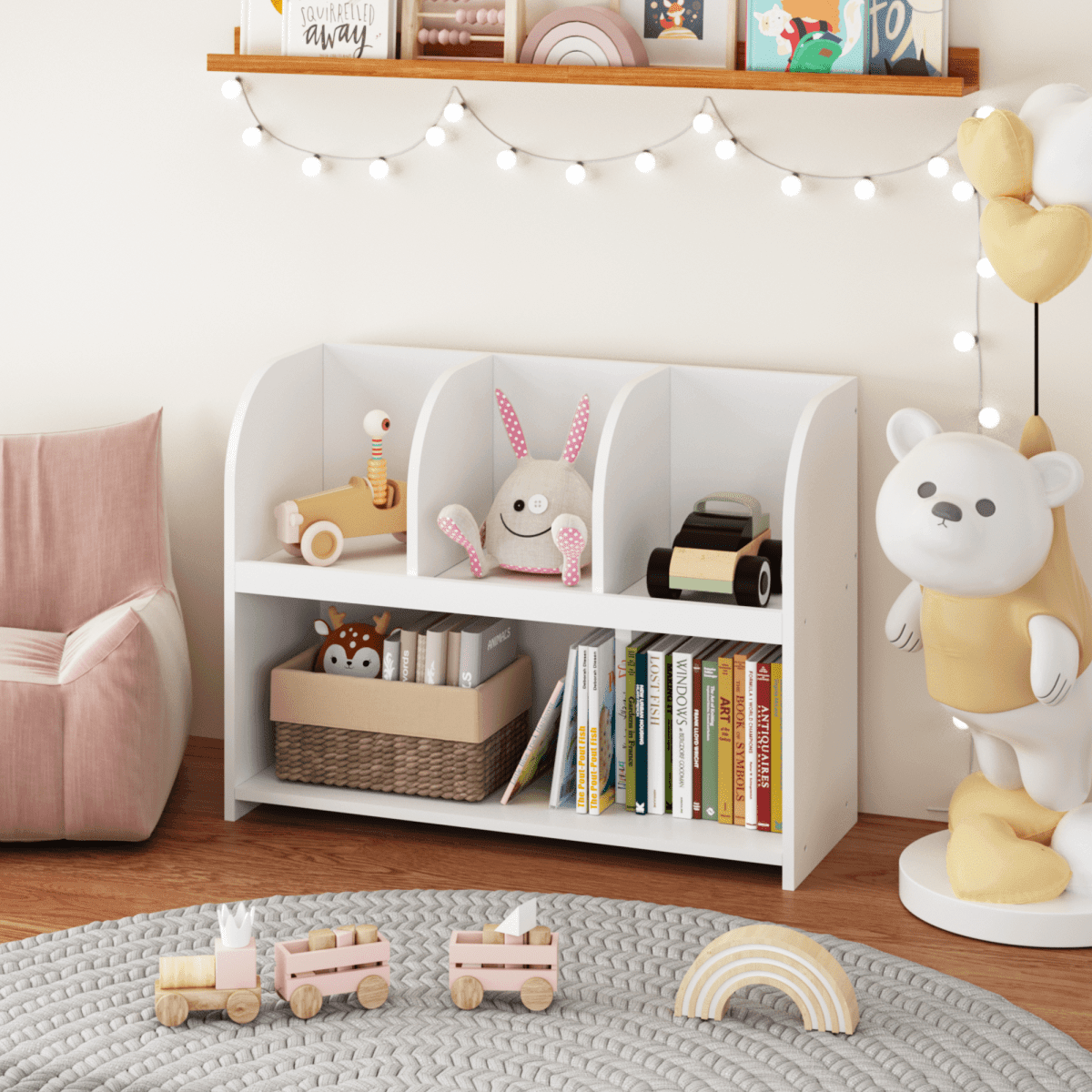 Kids White MDF Bookcase With 4 Compartments Storage - Sleep Galleria
