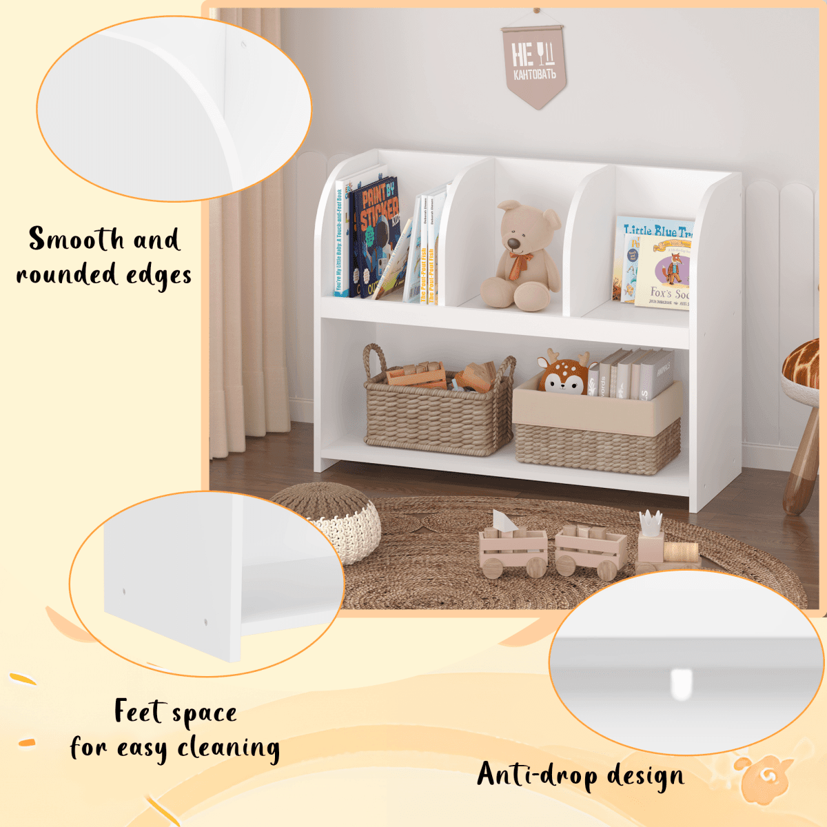 Kids White MDF Bookcase With 4 Compartments Storage - Sleep Galleria
