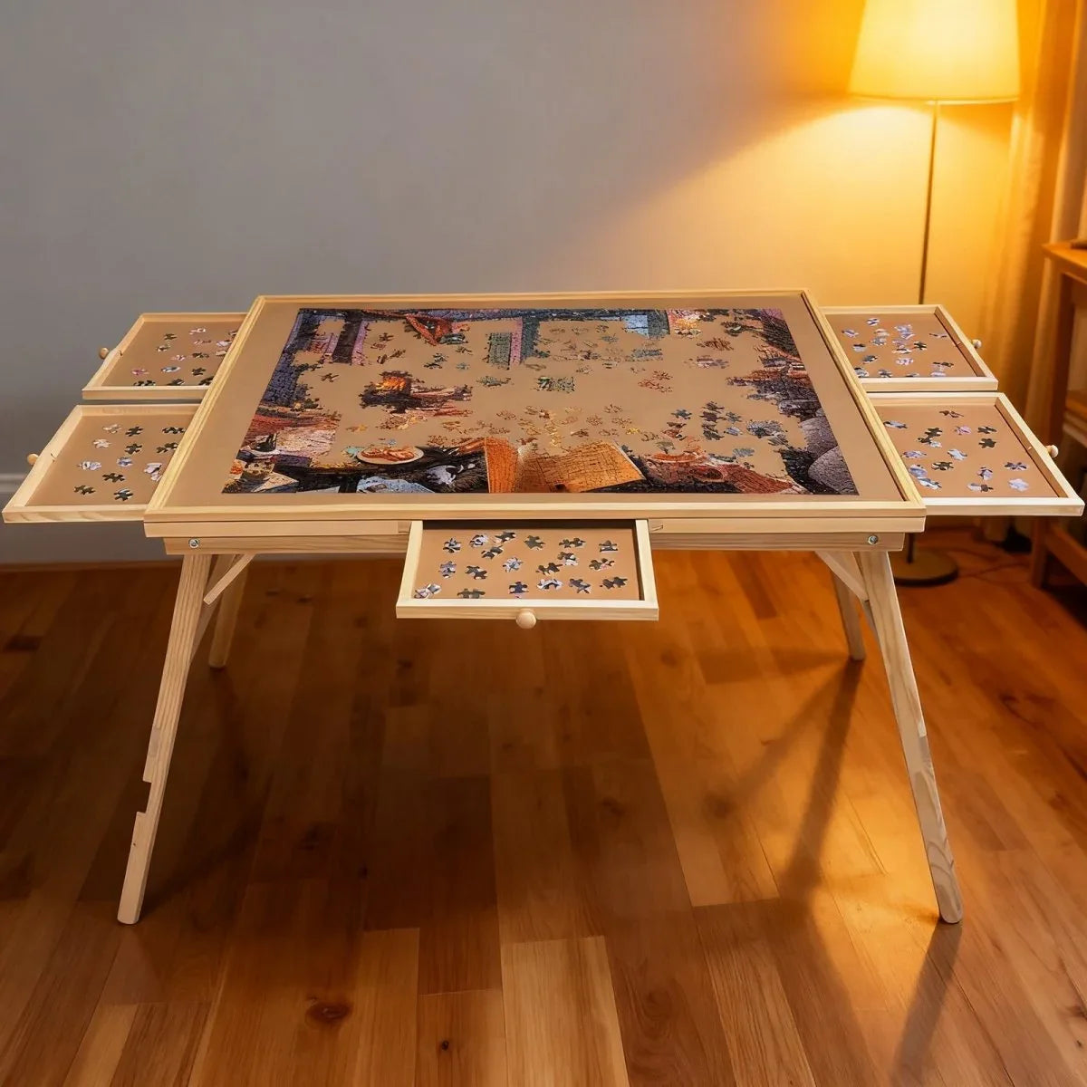 Large Wood Folding Puzzle Table With Drawers - Omega Lifestyles