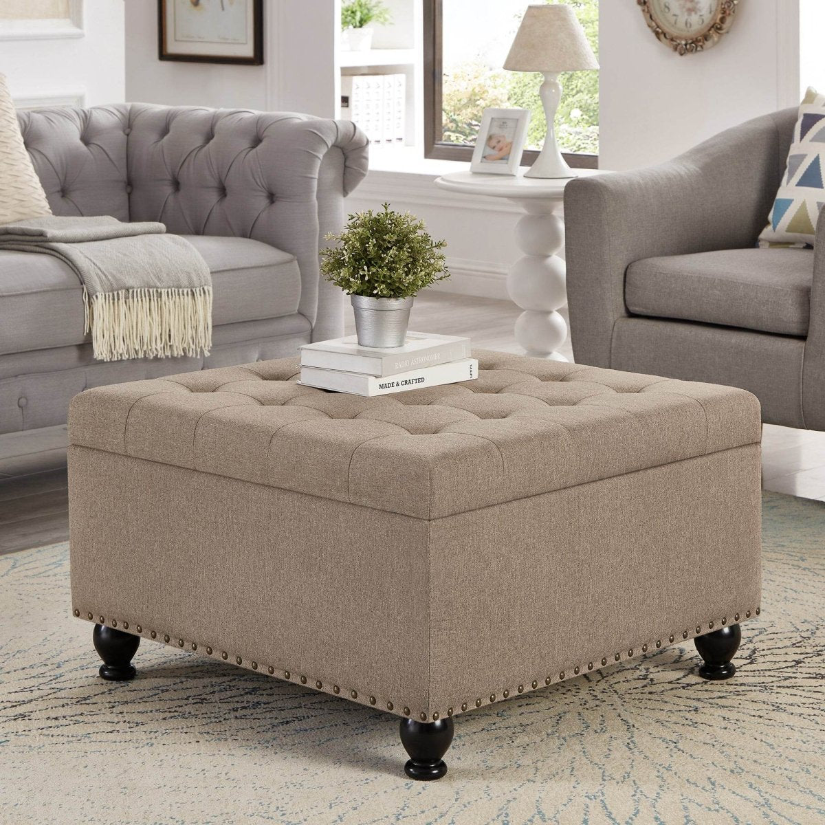 Linen Upholstered Square Storage Ottoman With Tufted Top - Sleep Galleria