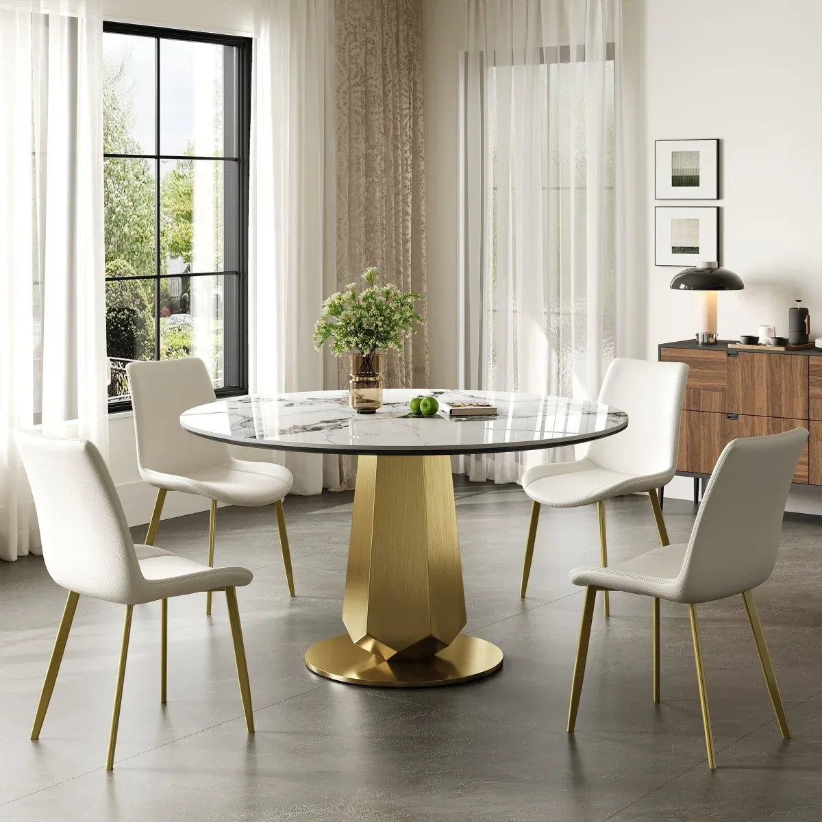 Luxury 53-Inch Round Sintered Stone Dining Table Gold Base - Omega Lifestyles