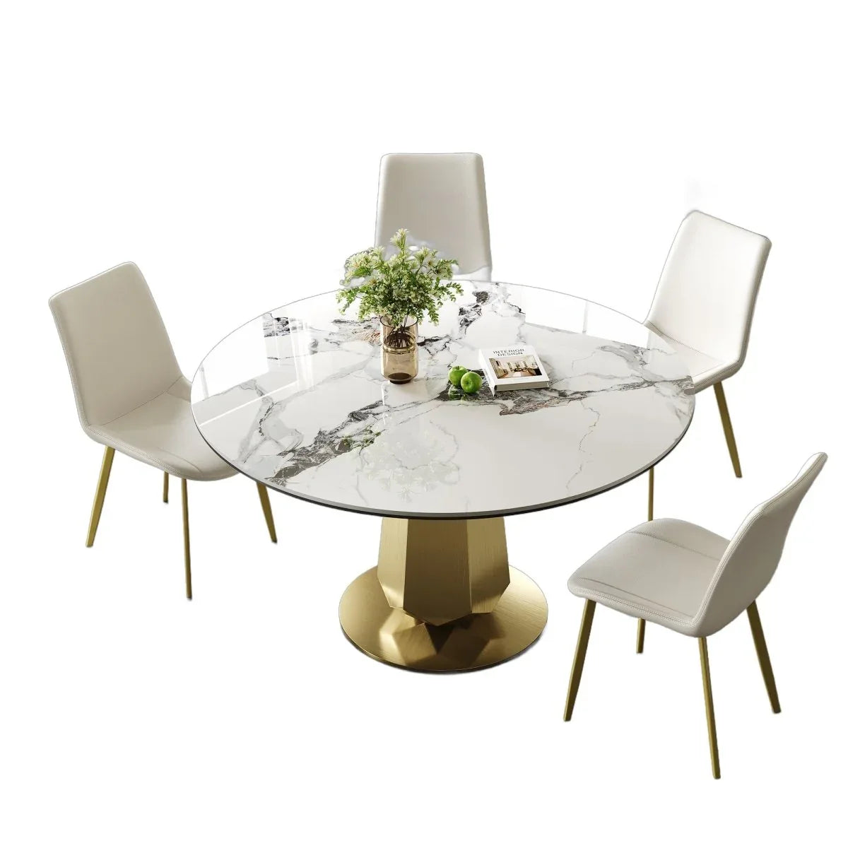 Luxury 53-Inch Round Sintered Stone Dining Table Gold Base - Omega Lifestyles