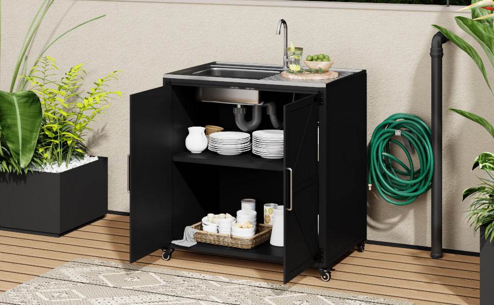 Matte Black Outdoor Movable Stainless Steel Kitchen Sink Station - Omega Lifestyles