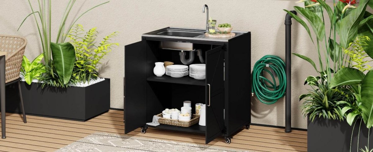 Matte Black Outdoor Movable Stainless Steel Kitchen Sink Station - Omega Lifestyles