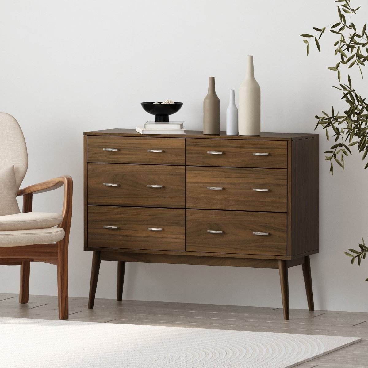 Mid-Century Modern Walnut MDF Double Dresser - Sleep Galleria