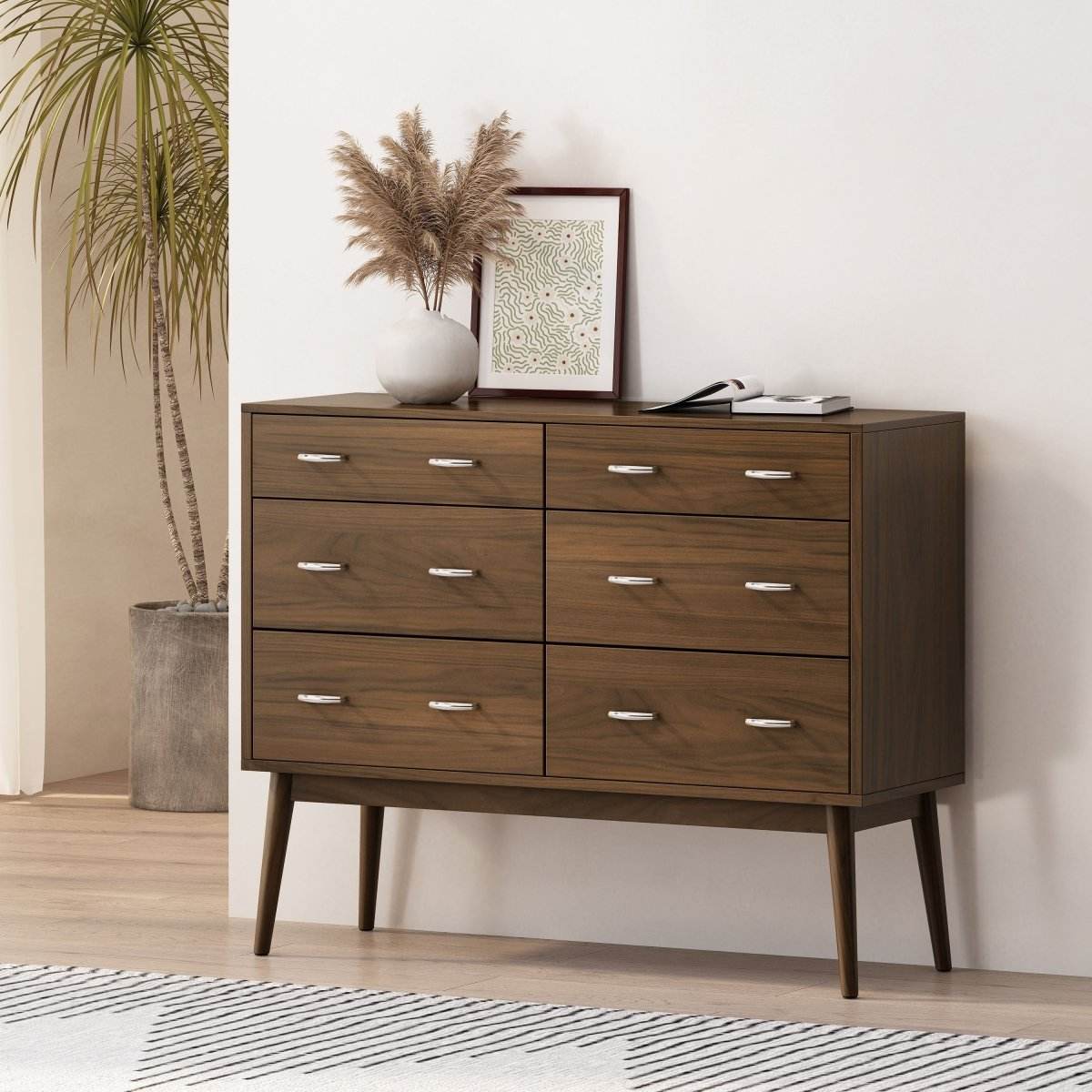 Mid-Century Modern Walnut MDF Double Dresser - Sleep Galleria