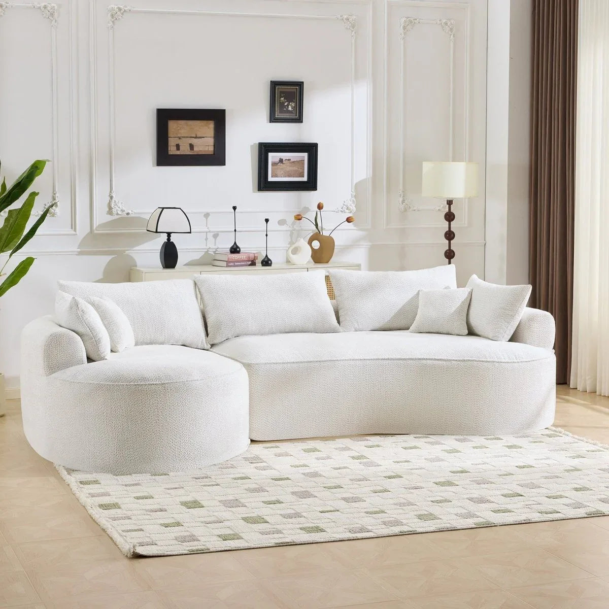 Minimalist Curved Chenille 5-Seat Foam Sofa With Pillows - Omega Lifestyles