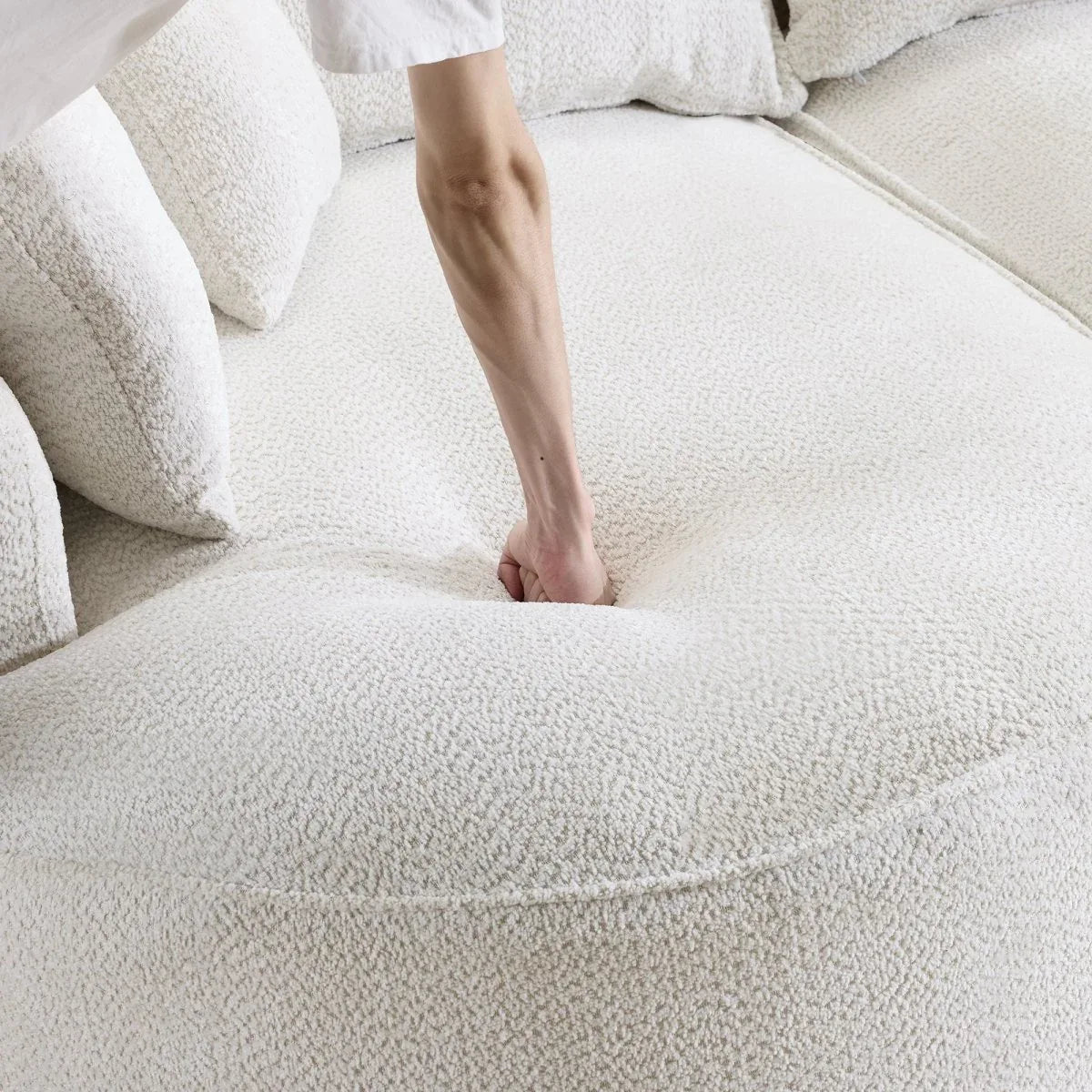 Minimalist Curved Chenille 5-Seat Foam Sofa With Pillows - Omega Lifestyles