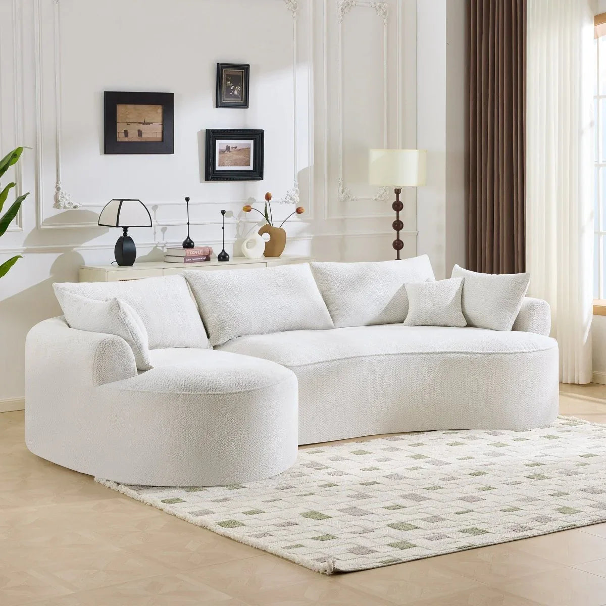 Minimalist Curved Chenille 5-Seat Foam Sofa With Pillows - Omega Lifestyles