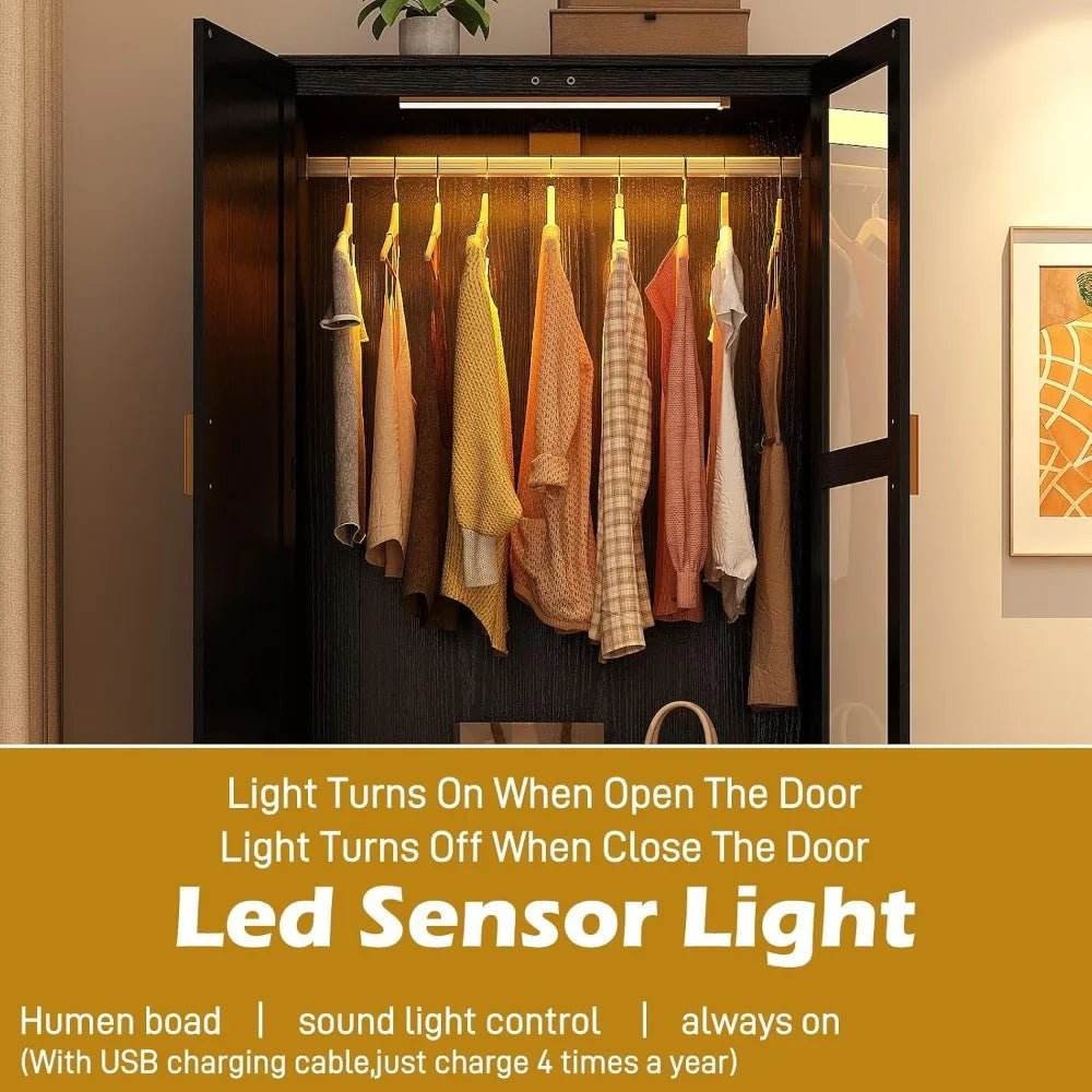 Modern 2-Door Armoire Wardrobe Closet With LED Light - Omega Lifestyles