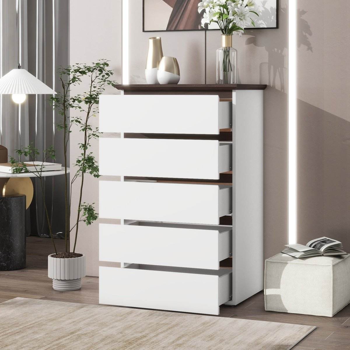 Modern 5-Drawer White Particle Board Dresser - Sleep Galleria