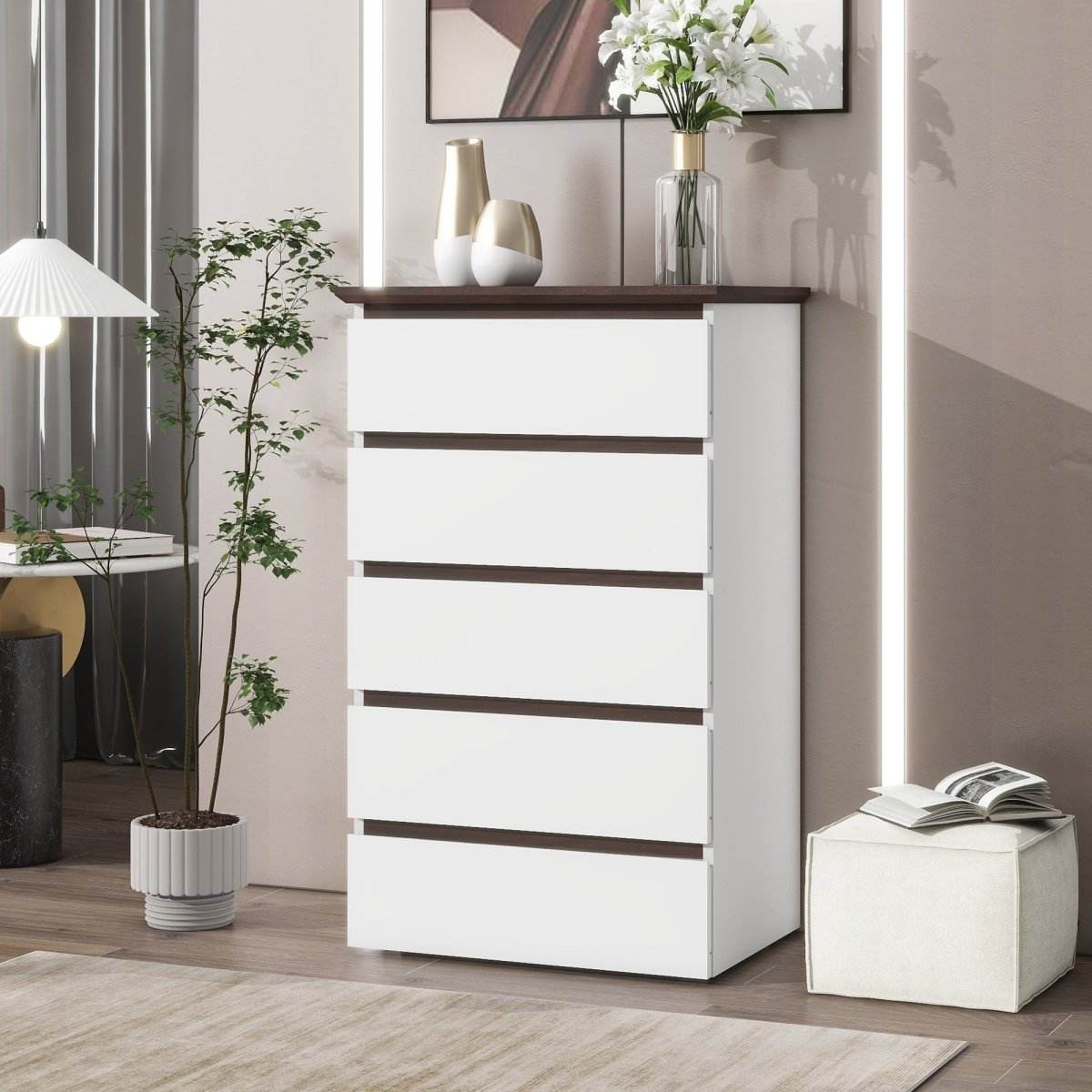 Modern 5-Drawer White Particle Board Dresser - Sleep Galleria