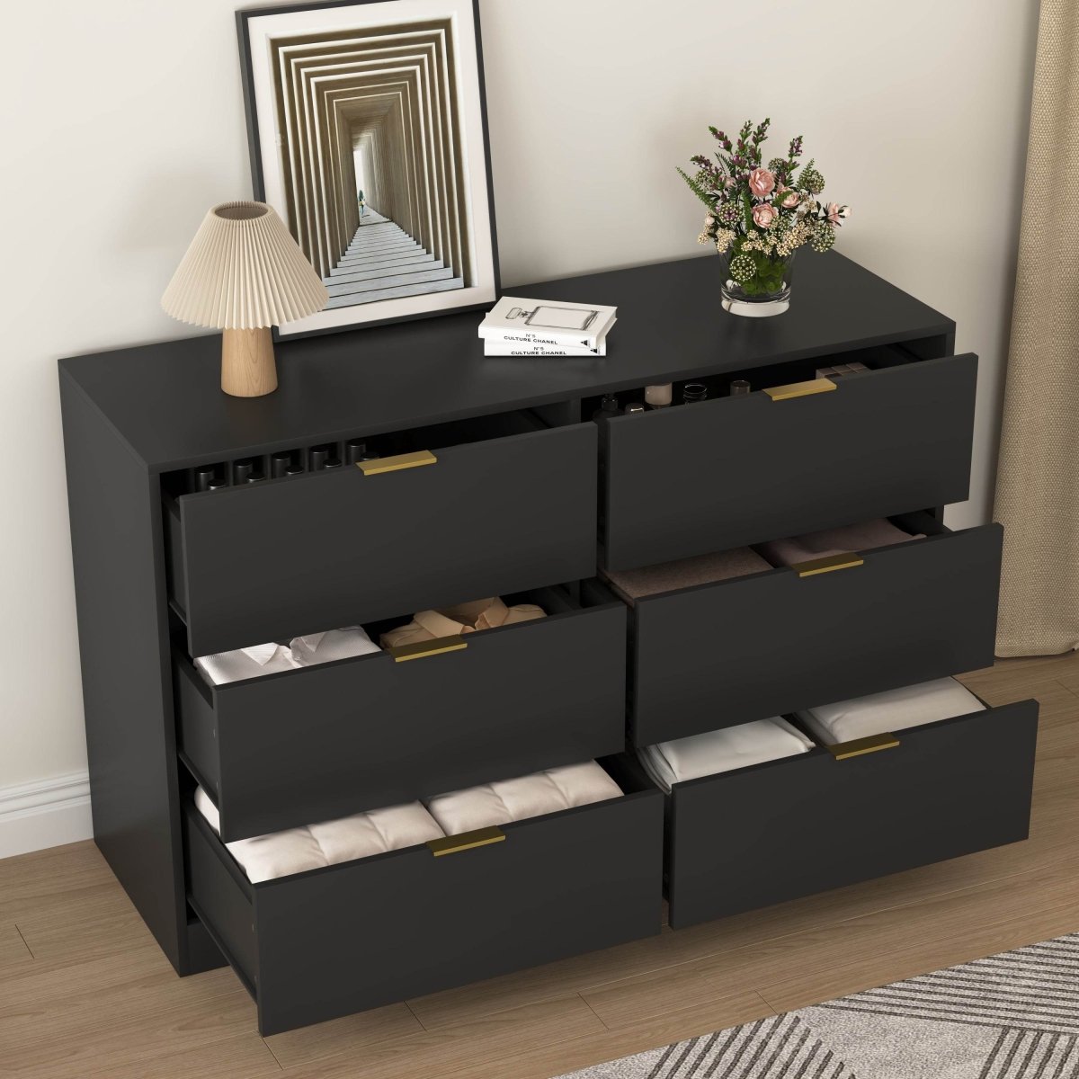 Modern 6 - Drawer Black Particle Board Storage Dresser - Serenova - Omega Lifestyles