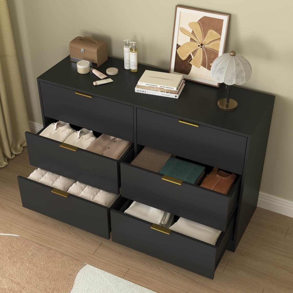 Modern 6 - Drawer Black Particle Board Storage Dresser - Serenova - Omega Lifestyles
