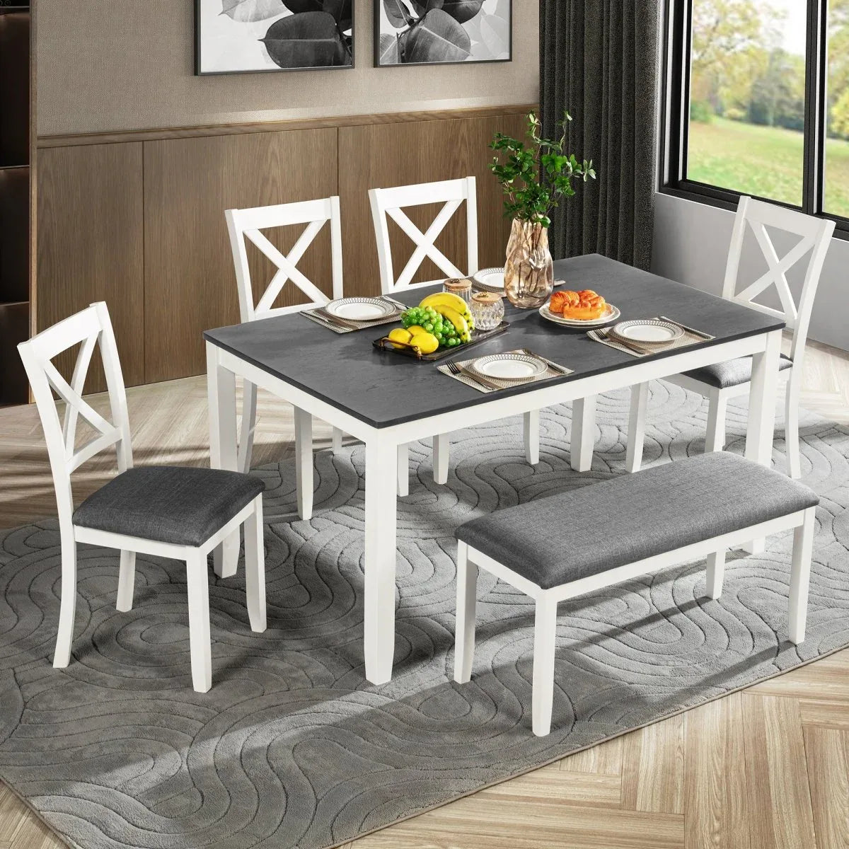 Modern 6-Piece Grey White Wooden Dining Table Set - Omega Lifestyles