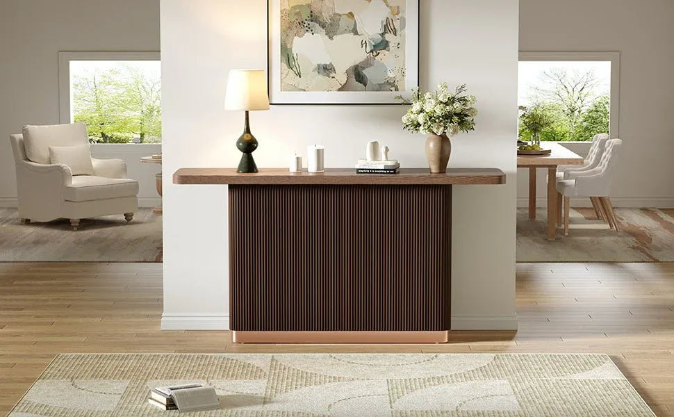 Modern Ash Veneer Pedestal Console Table With Metal Accents - Omega Lifestyles