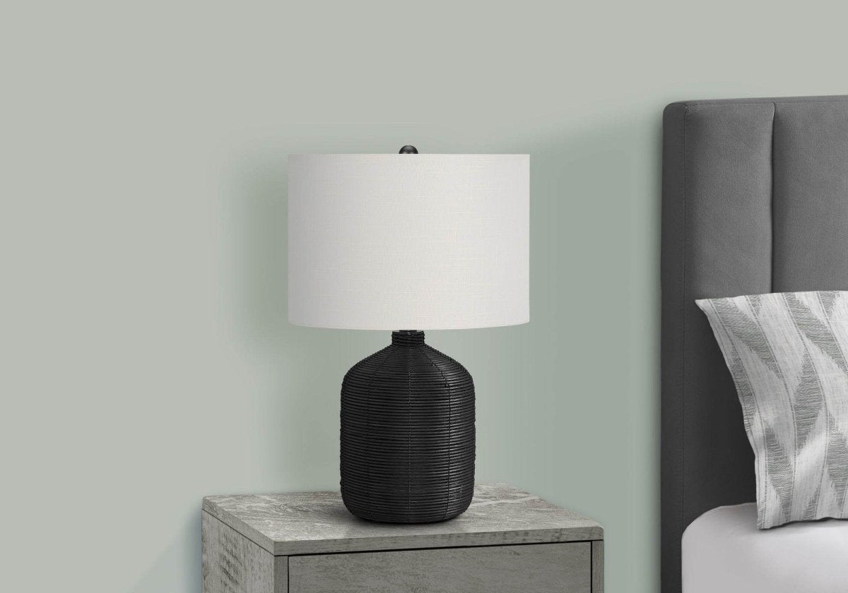 Modern Black Rattan Table Lamp With Ivory Drum Shade - Sleep Galleria