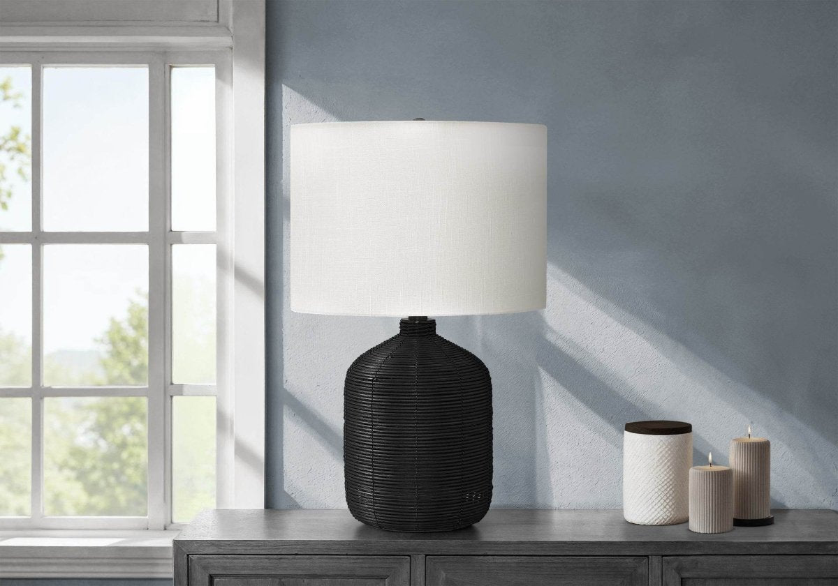 Modern Black Rattan Table Lamp With Ivory Drum Shade - Sleep Galleria