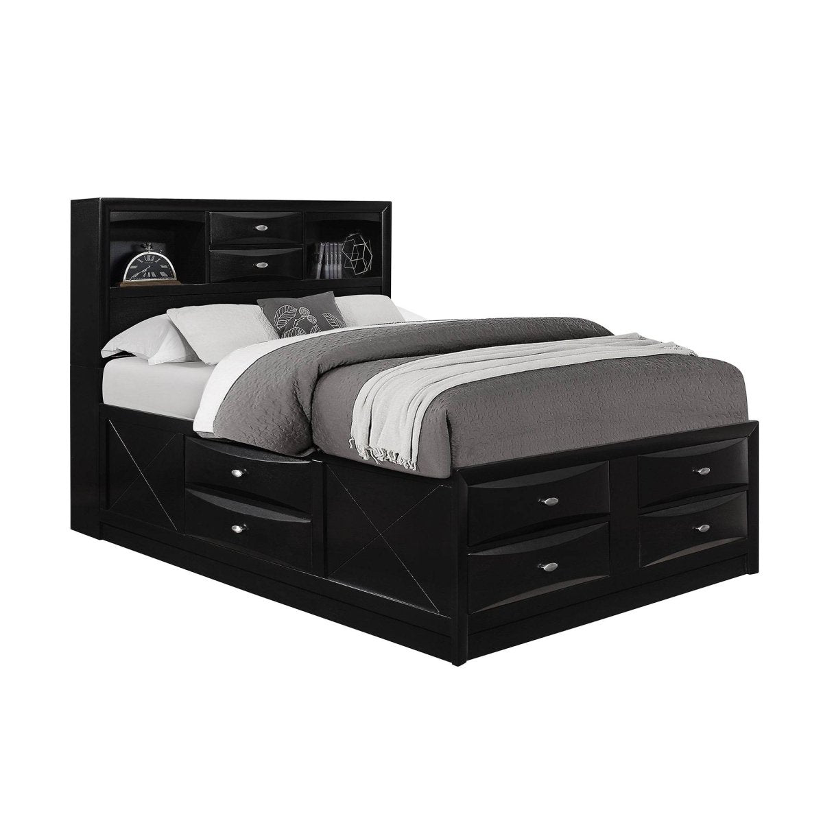 Modern Black Wood Bookcase King Bed Frame With Storage Drawers - Serenova - Omega Lifestyles