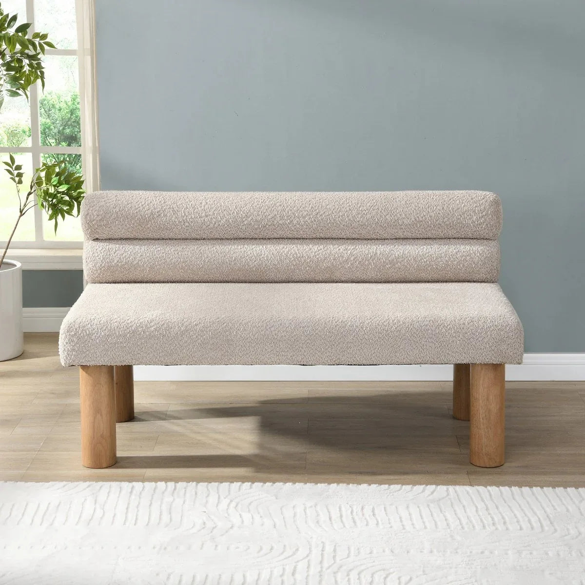 Modern Boucle Fabric Upholstered Dining Bench With Rubber Wood Legs - Omega Lifestyles