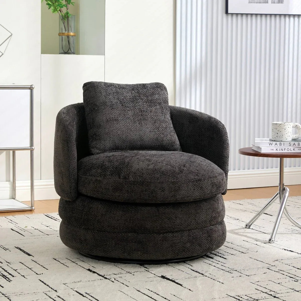Modern Chenille 360 Degree Swivel Accent Chair With Pillow - Omega Lifestyles