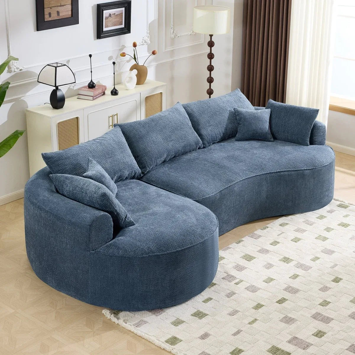 Modern Curved Blue Chenille Foam 5-Seat Sofa - Omega Lifestyles