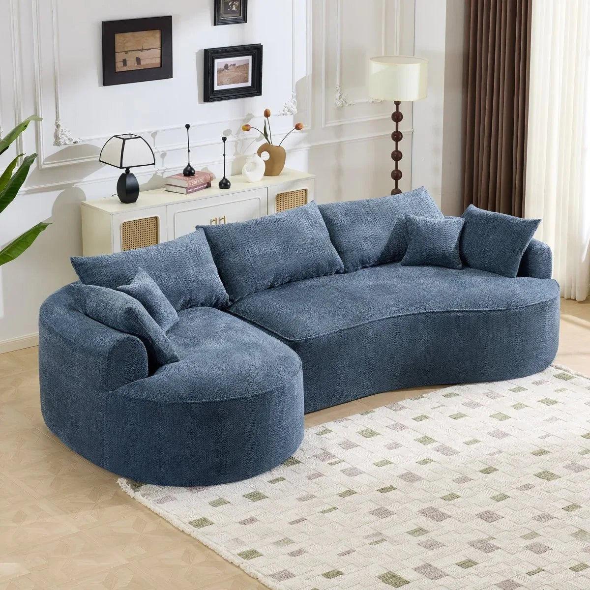 Modern Curved Blue Chenille Foam 5-Seat Sofa - Omega Lifestyles