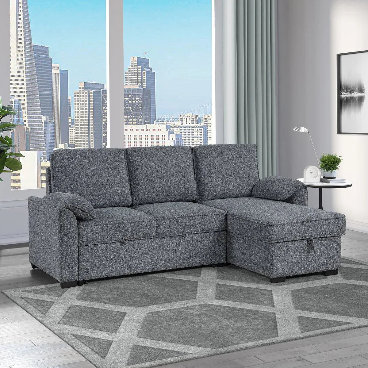 Modern Dark Grey Wood Frame Pull Out Sofabed With Storage Chaise - Omega Lifestyles