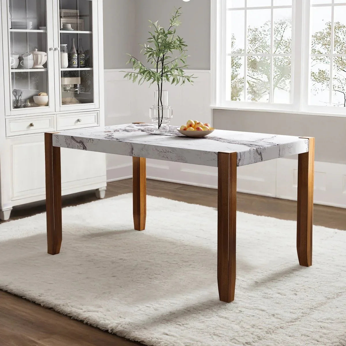 Modern Faux Marble Rectangular Dining Table With Rubber Wood Legs - Omega Lifestyles