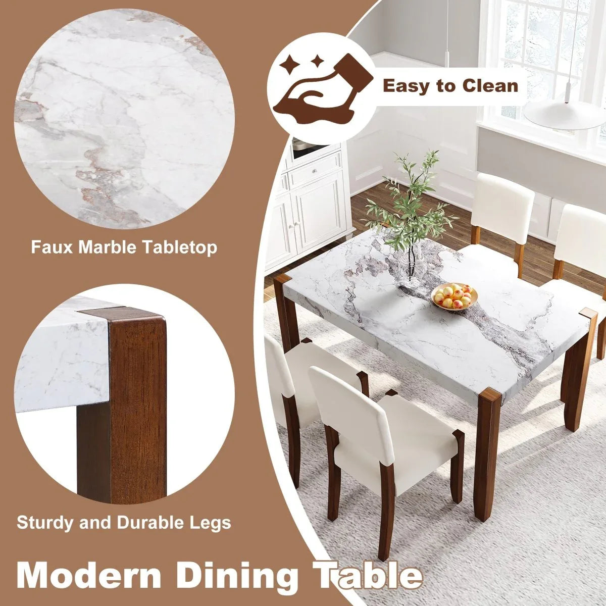 Modern Faux Marble Rectangular Dining Table With Rubber Wood Legs - Omega Lifestyles
