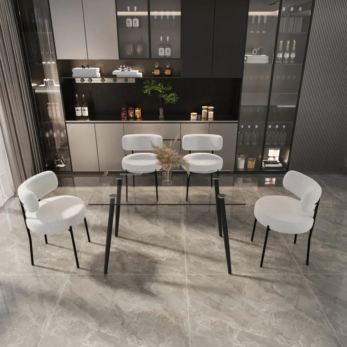 Modern Glass Dining Table Set With Four Teddy Velvet Chairs - Omega Lifestyles