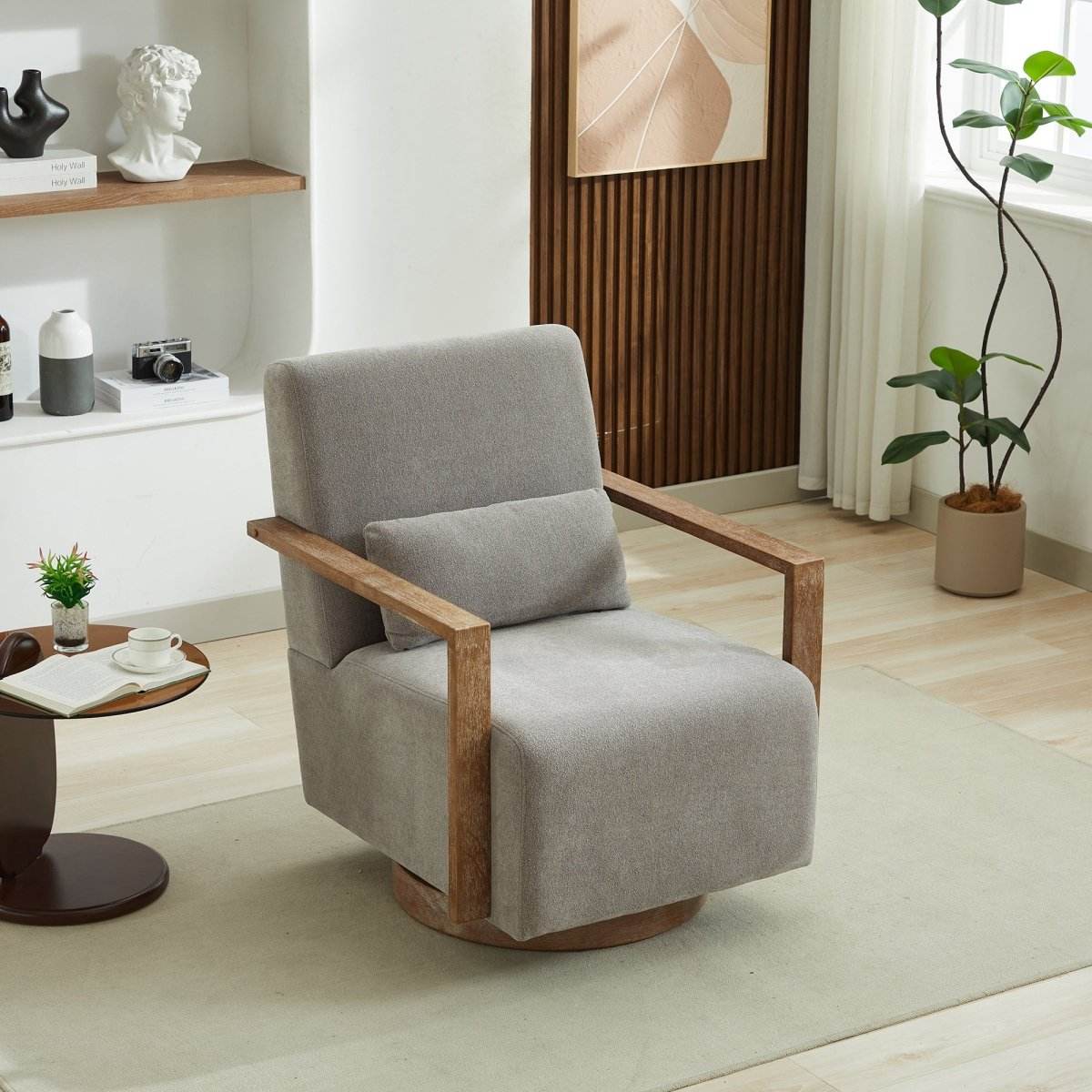 Modern Linen Blend Swivel Accent Chair With Wood Arms - Omega Lifestyles