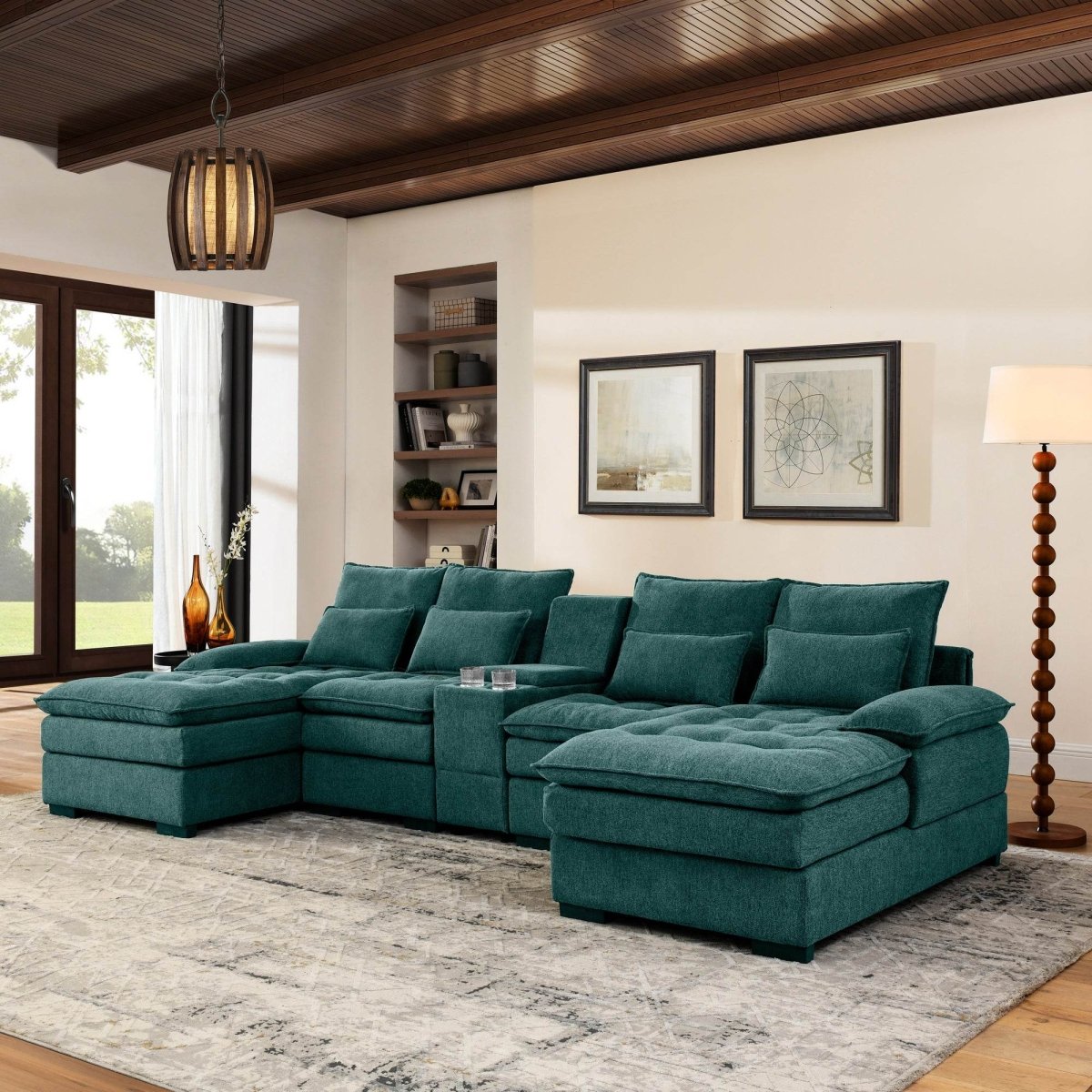 Modern Linen U - Shaped 6 - Seat Sofa With Console - Serenova - Omega Lifestyles