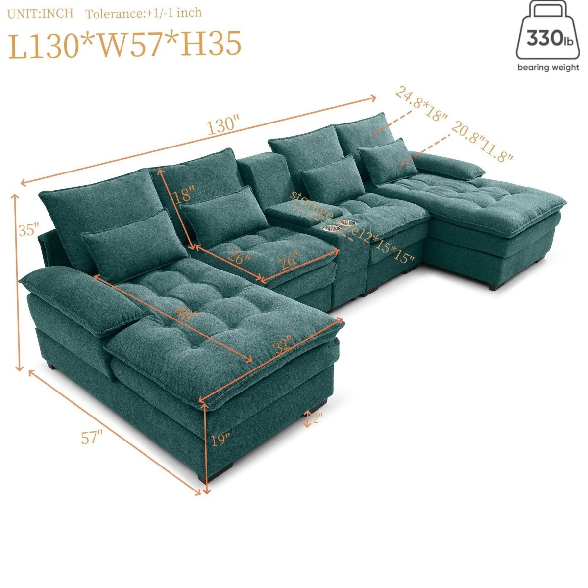 Modern Linen U - Shaped 6 - Seat Sofa With Console - Serenova - Omega Lifestyles