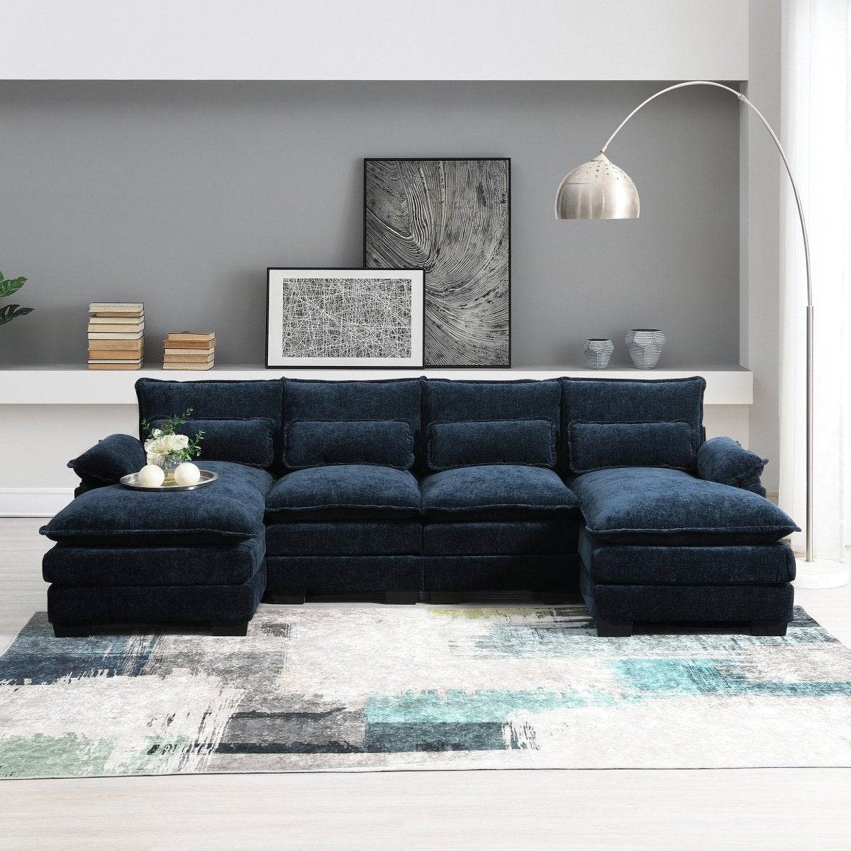 Modern Modular U-Shaped Chenille Sofa With Chaise And Pillows - Omega Lifestyles