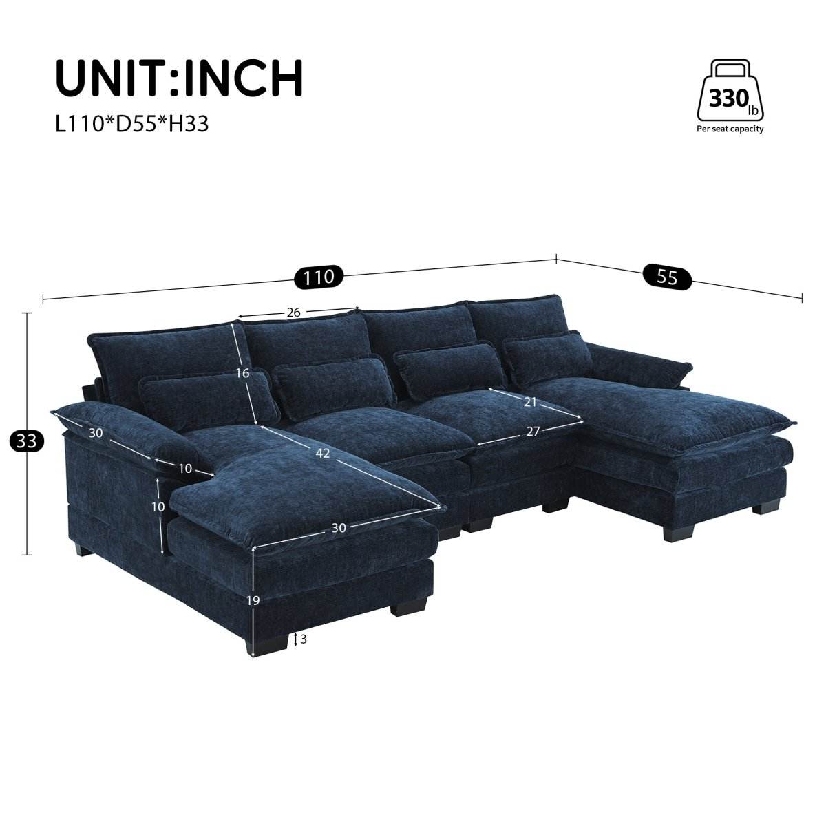 Modern Modular U-Shaped Chenille Sofa With Chaise And Pillows - Omega Lifestyles