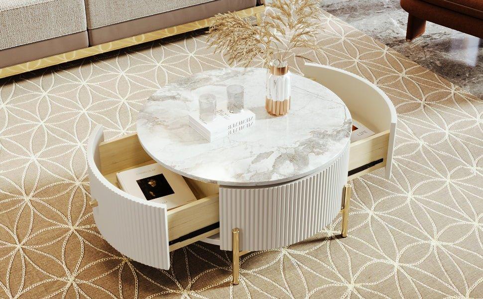 Modern Round Coffee Table With Marble Pattern And Drawers - Omega Lifestyles