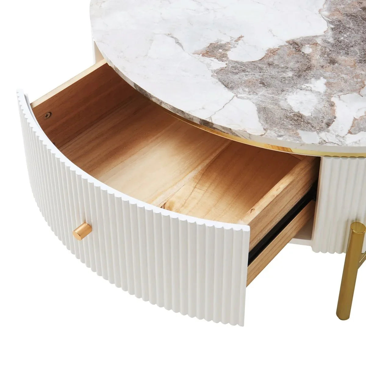 Modern Round Coffee Table With Marble Pattern And Drawers - Omega Lifestyles