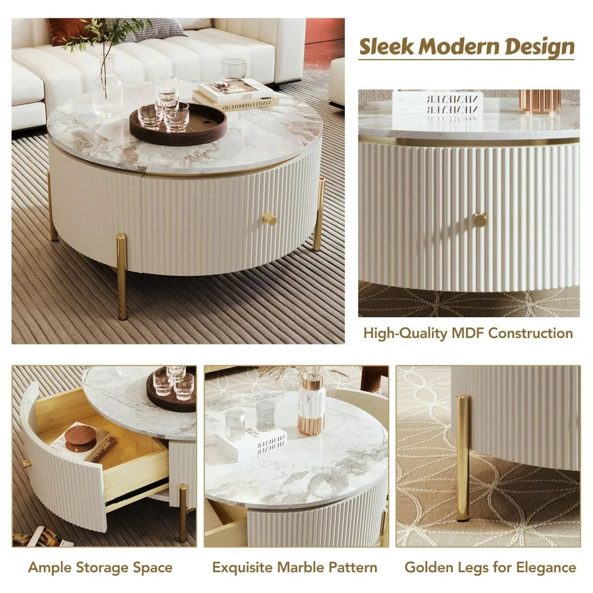 Modern Round Coffee Table With Marble Pattern And Drawers - Omega Lifestyles