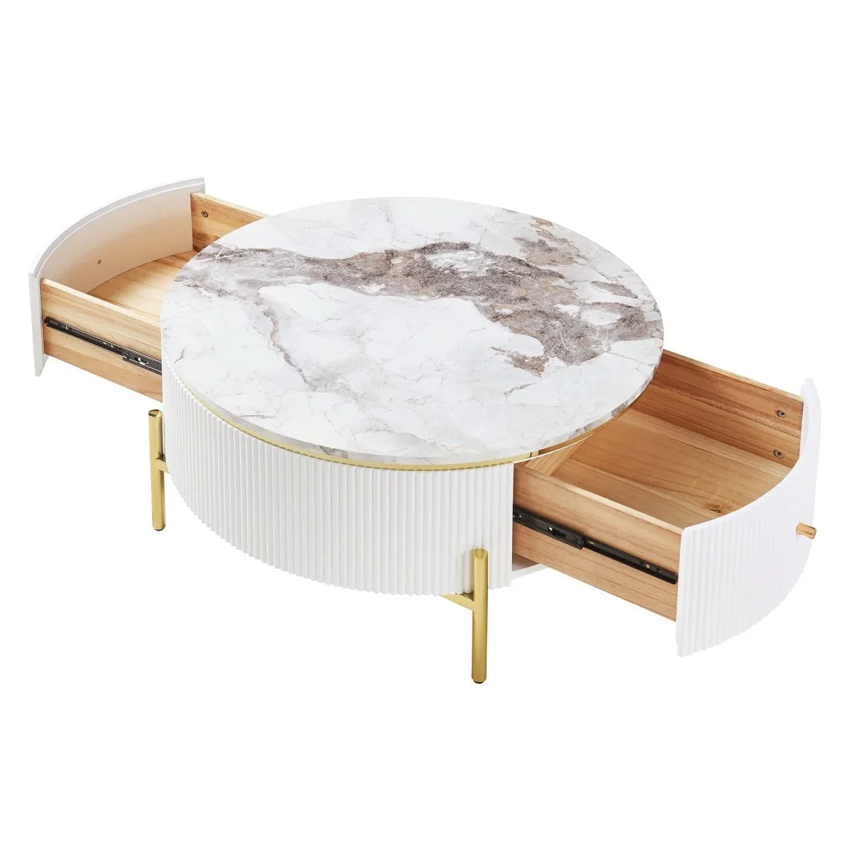 Modern Round Coffee Table With Marble Pattern And Drawers - Omega Lifestyles