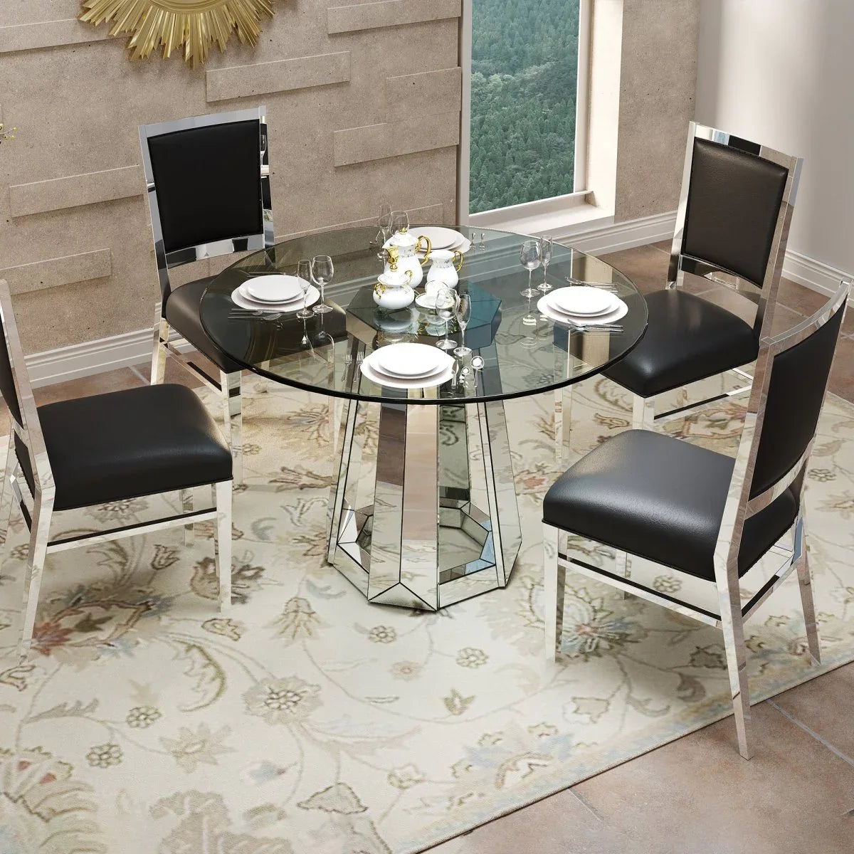 Modern Round Tempered Glass Dining Table With Mirror Base - Omega Lifestyles