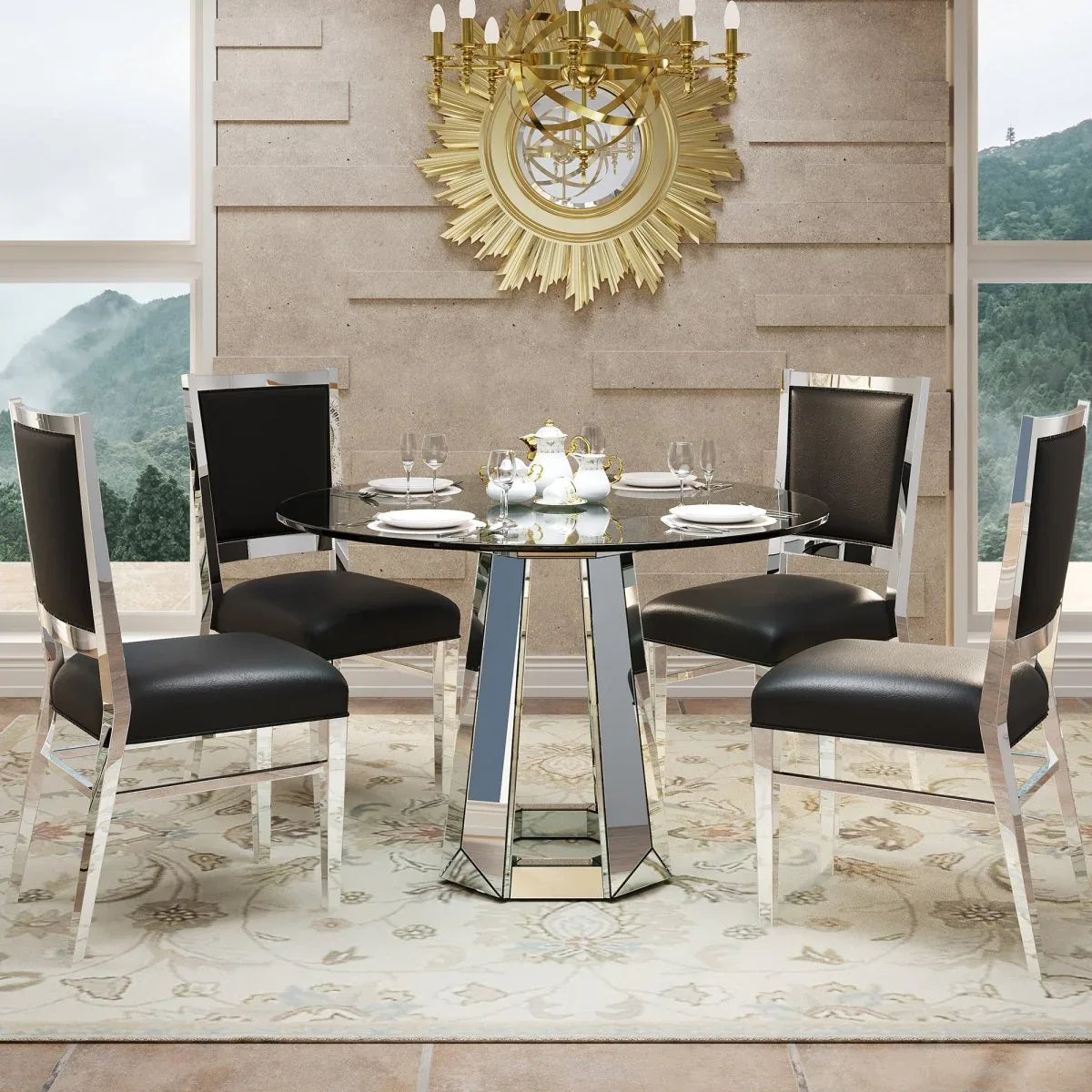 Modern Round Tempered Glass Dining Table With Mirror Base - Omega Lifestyles