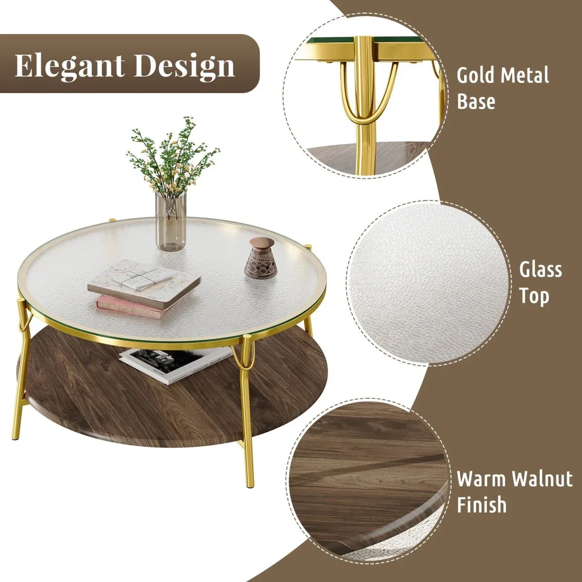 Modern Round Walnut Glass Top 2-Tier Coffee Table - Omega Lifestyles