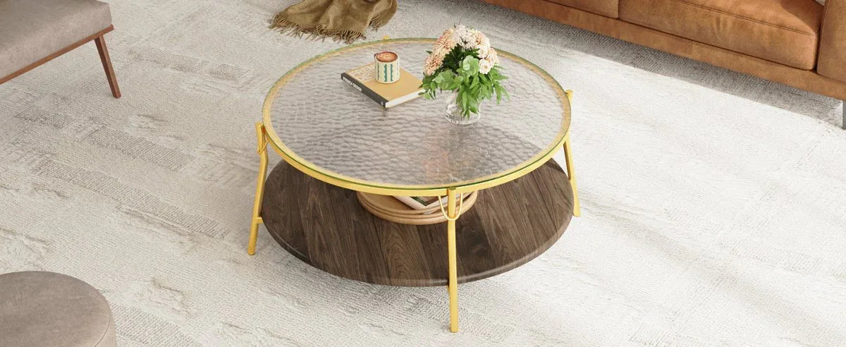 Modern Round Walnut Glass Top 2-Tier Coffee Table - Omega Lifestyles