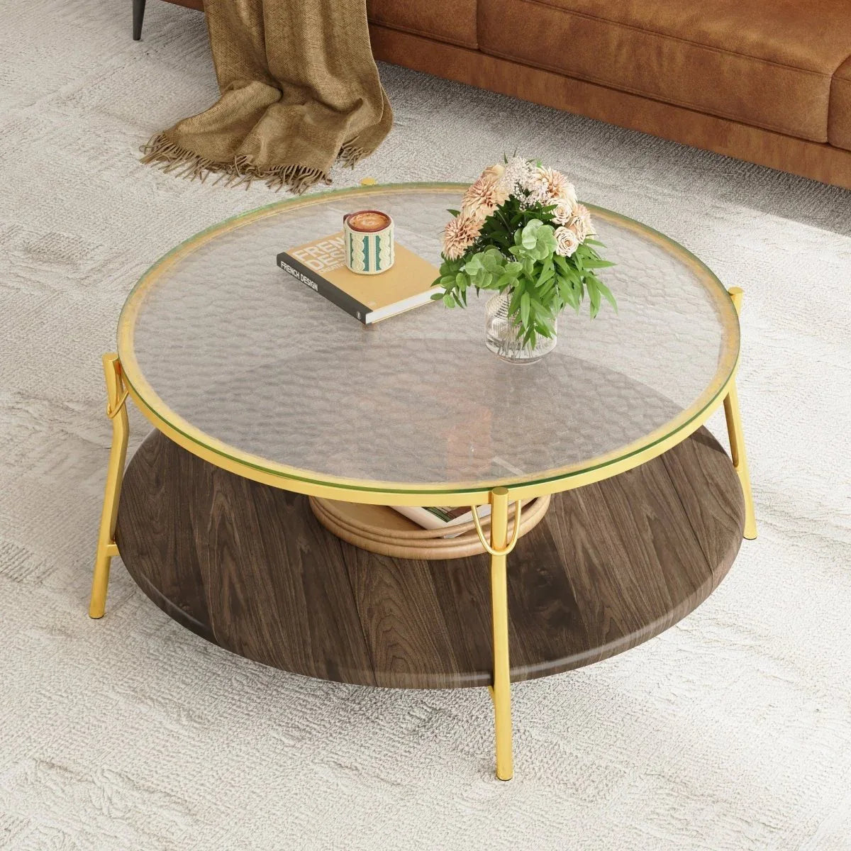 Modern Round Walnut Glass Top 2-Tier Coffee Table - Omega Lifestyles