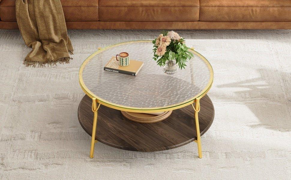 Modern Round Walnut Glass Top 2-Tier Coffee Table - Omega Lifestyles