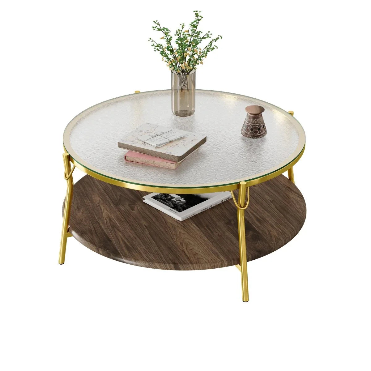 Modern Round Walnut Glass Top 2-Tier Coffee Table - Omega Lifestyles